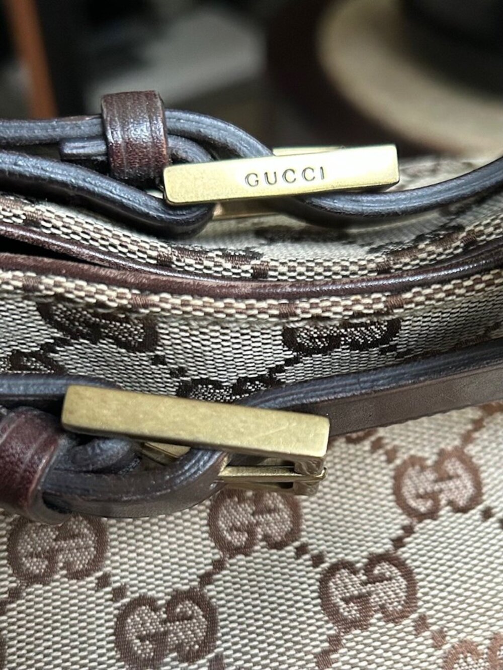 GUCCI GG Monogram Buckle Tote Bag, Taupe, Brown - Picture 2 of 16